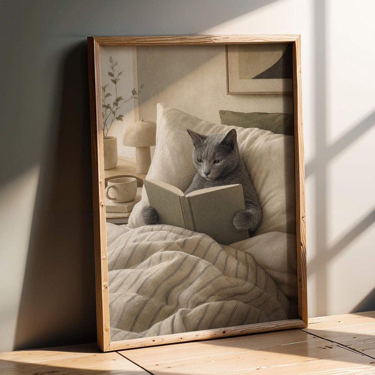 Product presentation view of Russian Blue Cat Reading in Bed Poster.
