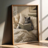 Product presentation view of Russian Blue Cat Reading in Bed Poster.