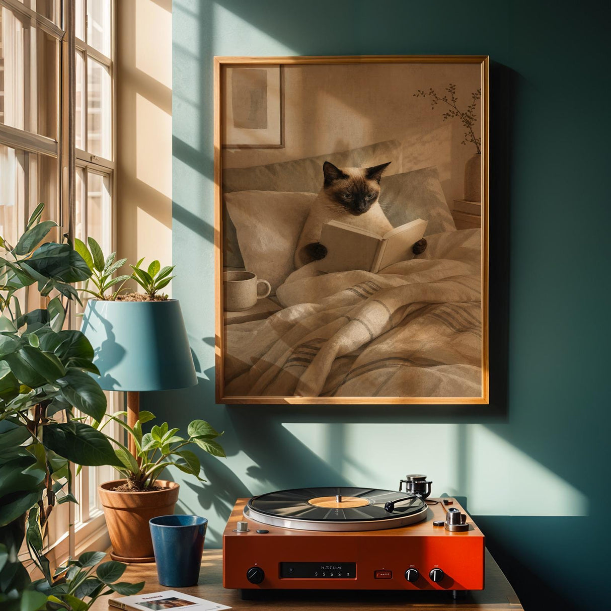 Alternate product view of Siamese Cat Reading in Bed Poster.