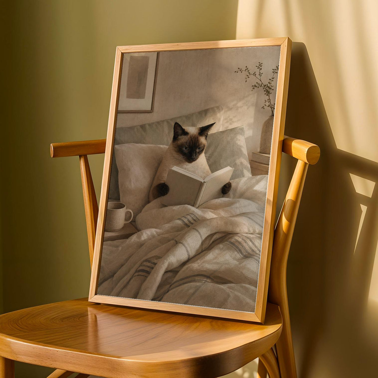 Product detail view of Siamese Cat Reading in Bed Poster.