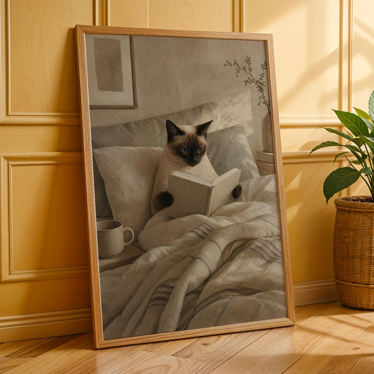 Additional product presentation of Siamese Cat Reading in Bed Poster.