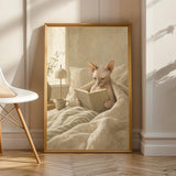 Sphynx cat reading in bed poster with a warm modern gouache design.