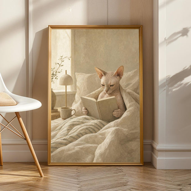 Sphynx cat reading in bed poster with a warm modern gouache design.