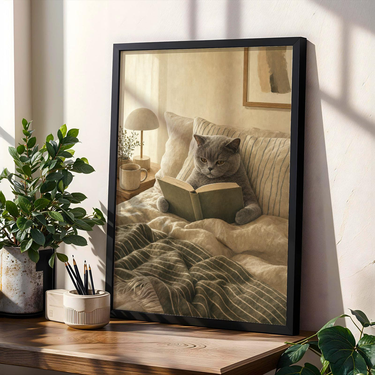 Product gallery view of British Shorthair Cat Reading in Bed Poster.