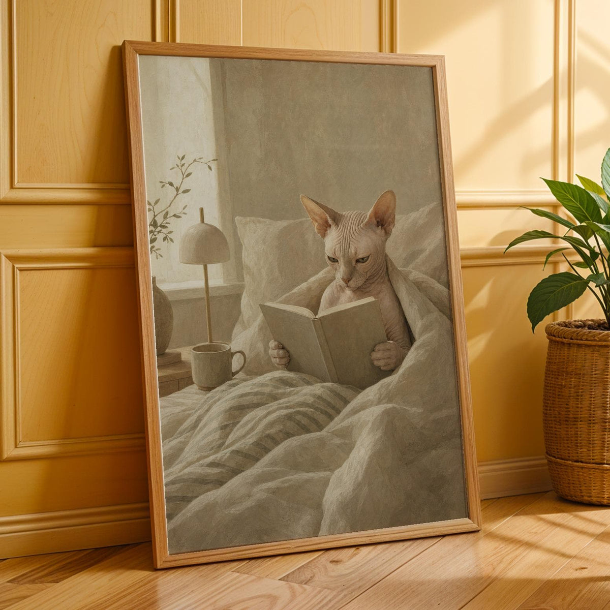 Alternate product presentation of Sphynx Cat Reading in Bed Poster.