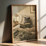 Product presentation view of British Shorthair Cat Reading in Bed Poster.