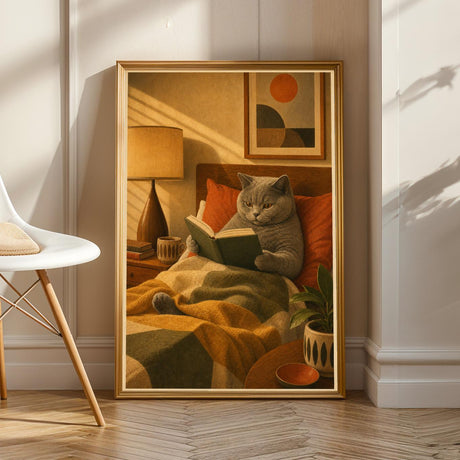 Product view of British Shorthair Reading in Armchair Poster.