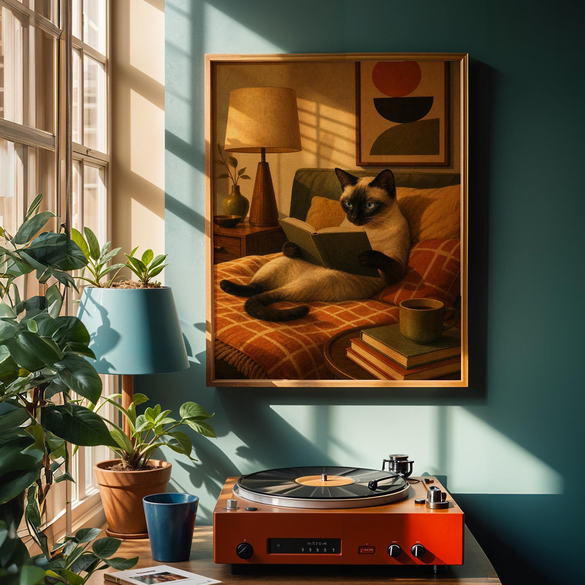 Alternate product view of Siamese Cat Reading in Bed Poster.