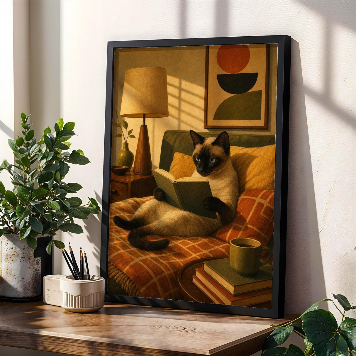 Product gallery view of Siamese Cat Reading in Bed Poster.