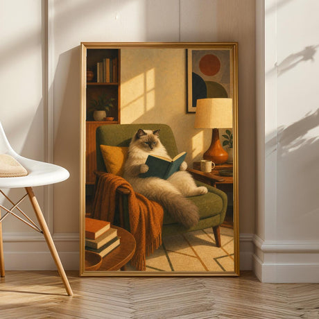 Product view of Ragdoll Cat Reading in Armchair Poster.