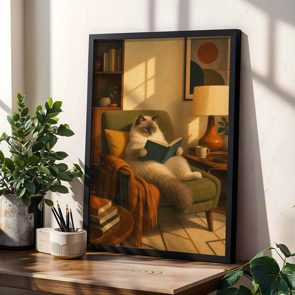 Product gallery view of Ragdoll Cat Reading in Armchair Poster.