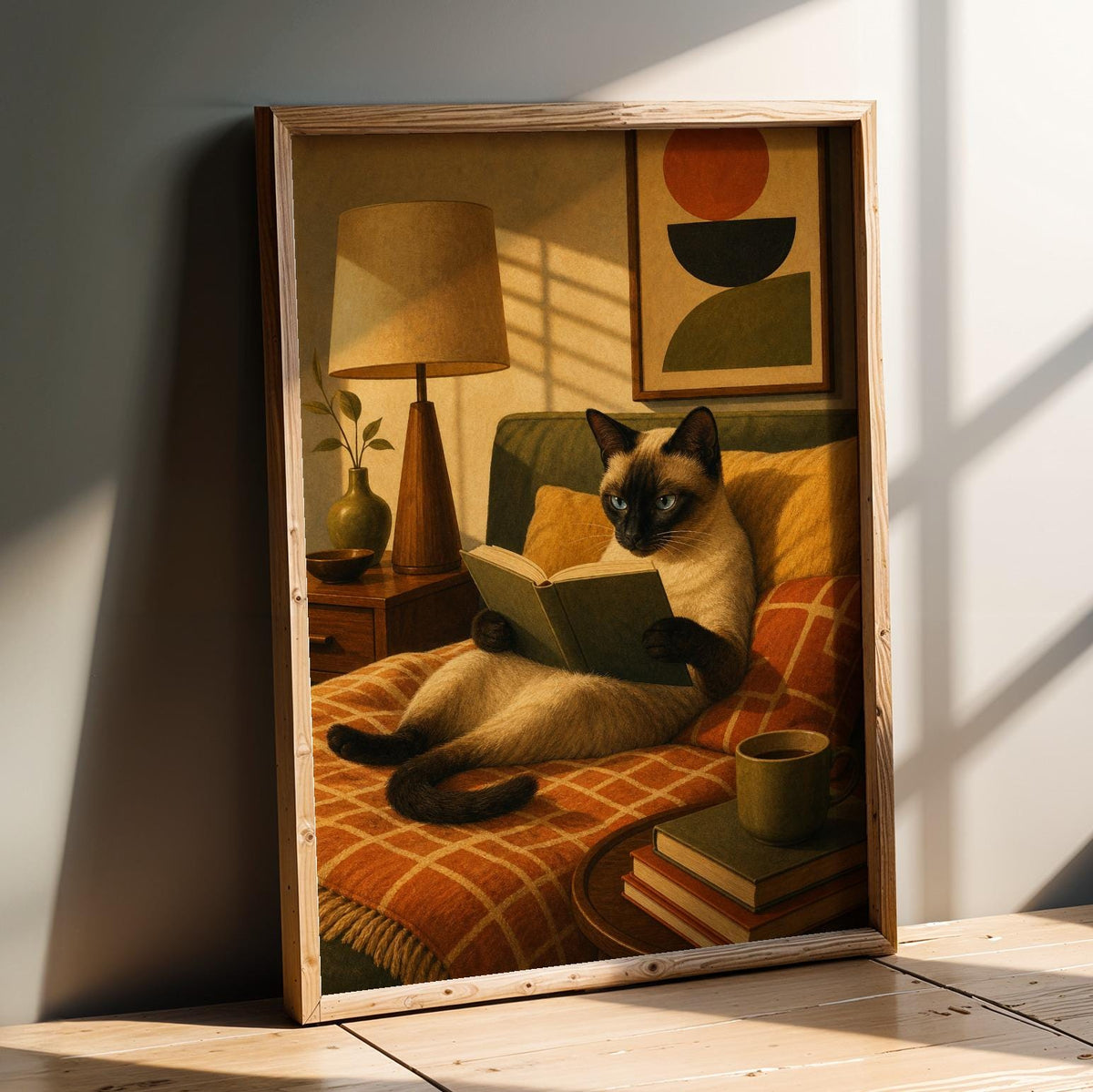 Product presentation view of Siamese Cat Reading in Bed Poster.