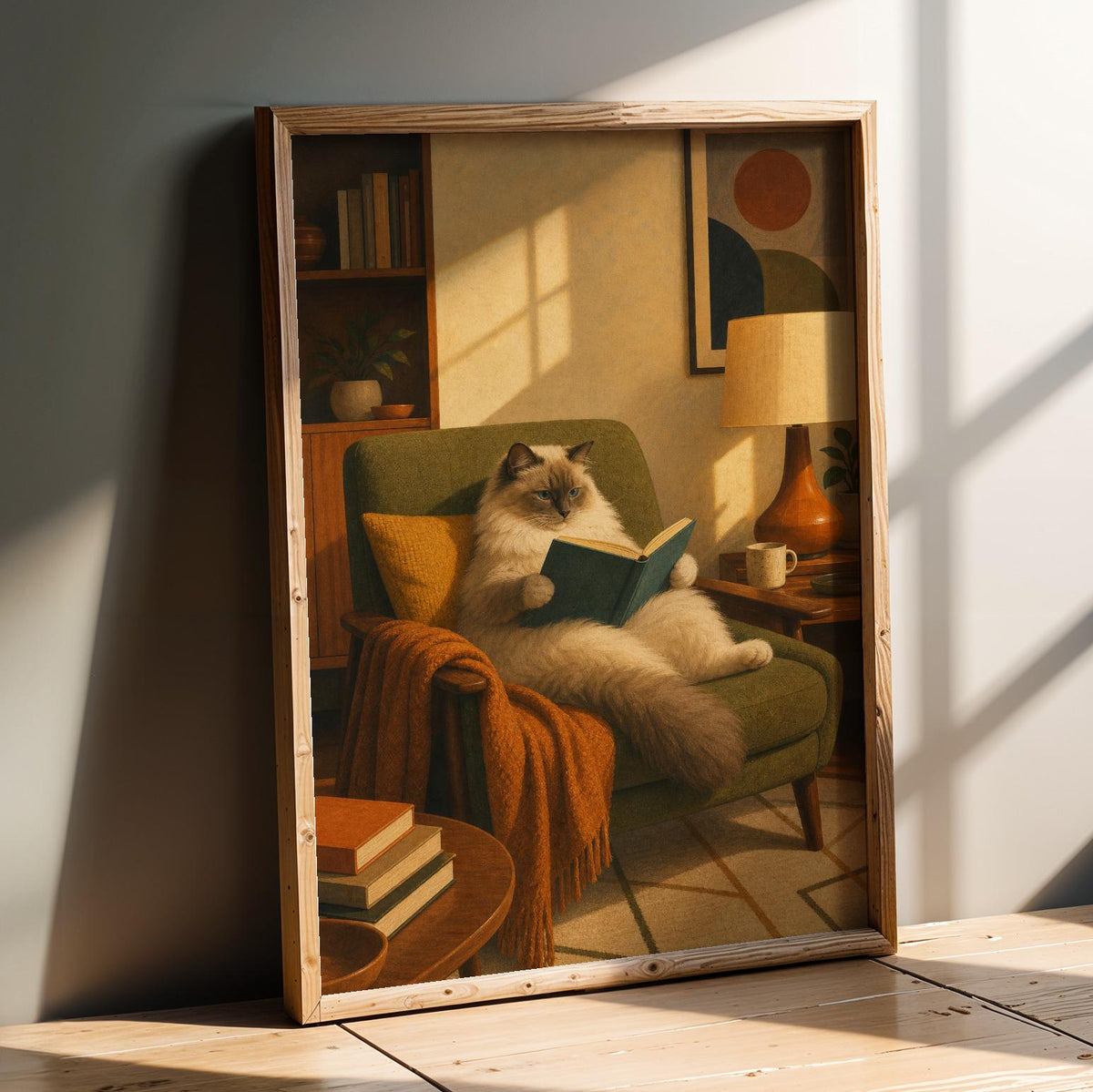 Product presentation view of Ragdoll Cat Reading in Armchair Poster.