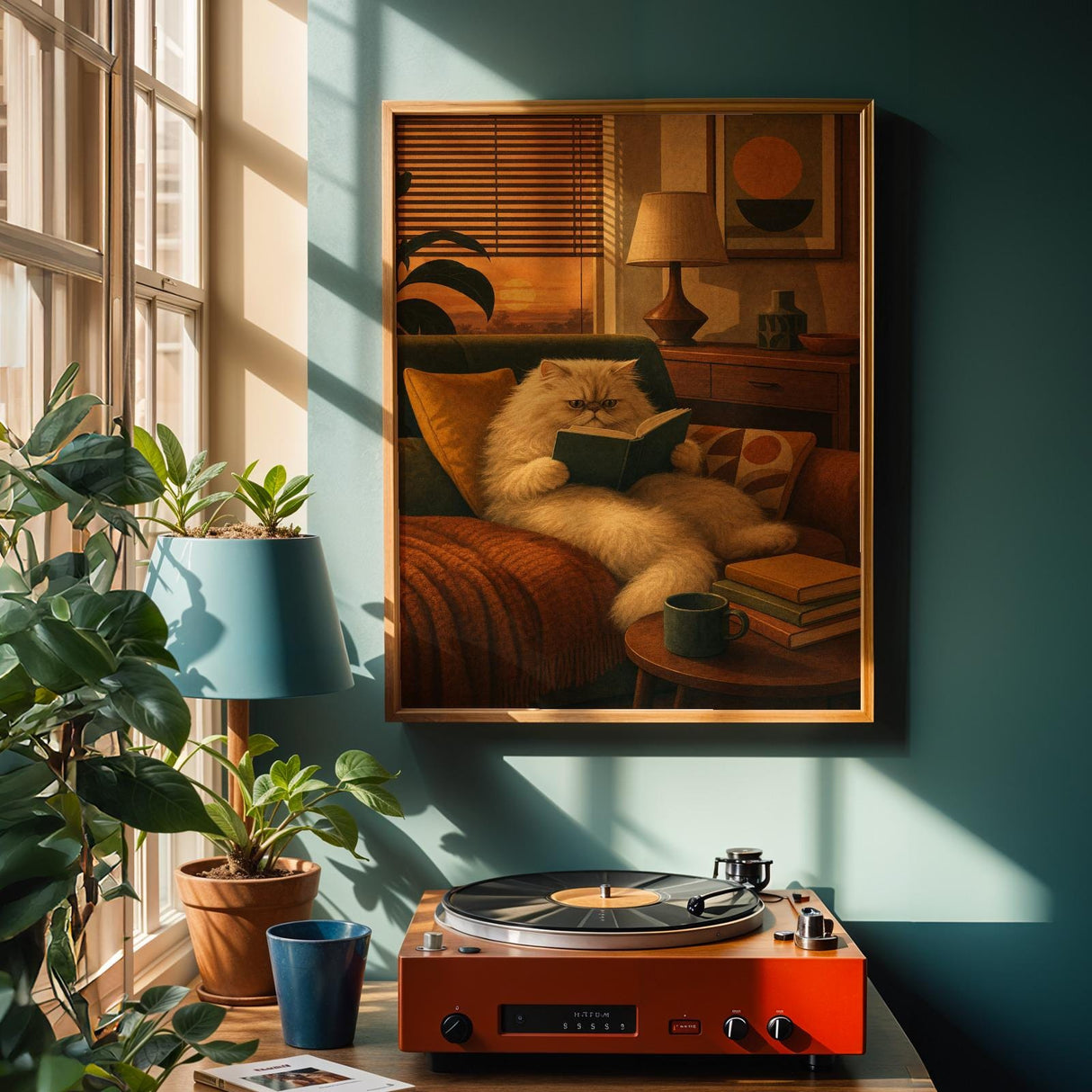 Alternate product view of Persian Cat Reading in Armchair Poster.