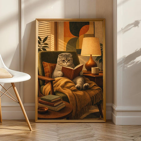 Product view of Scottish Fold Cat Reading in Armchair Poster.