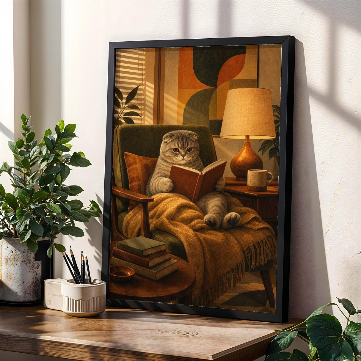 Product gallery view of Scottish Fold Cat Reading in Armchair Poster.