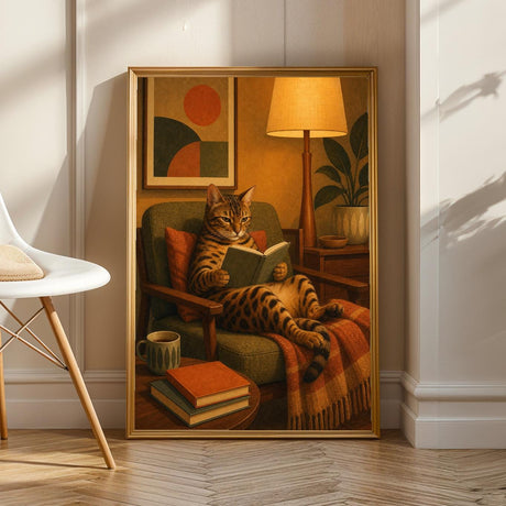 Product view of Bengal Cat Reading in Armchair Poster.