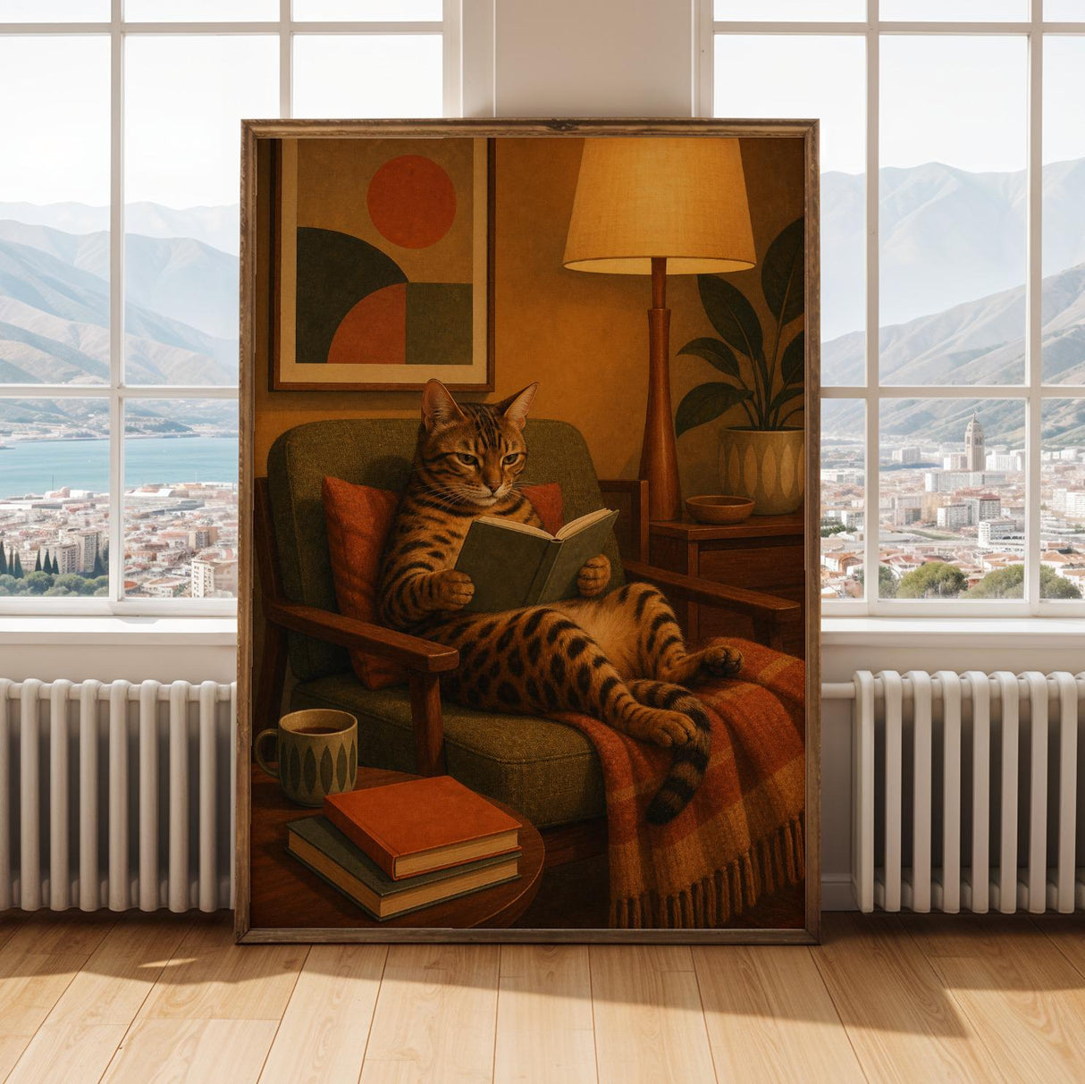 Alternate gallery view of Bengal Cat Reading in Armchair Poster.
