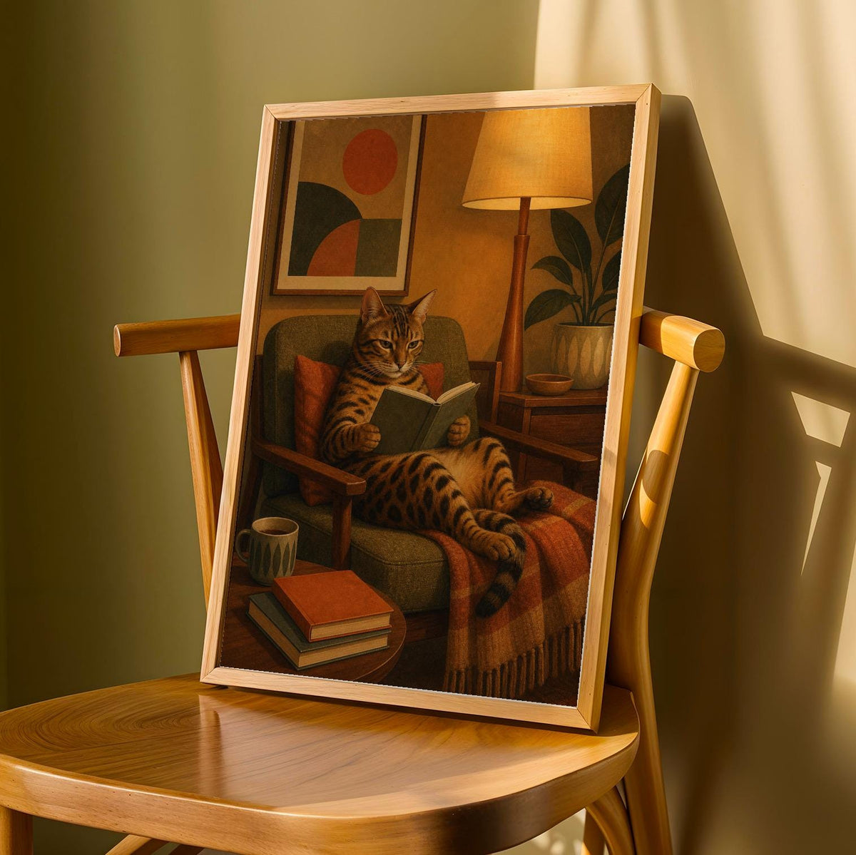 Product detail view of Bengal Cat Reading in Armchair Poster.