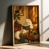 Product presentation view of Turkish Angora Cat Reading in Armchair Poster.