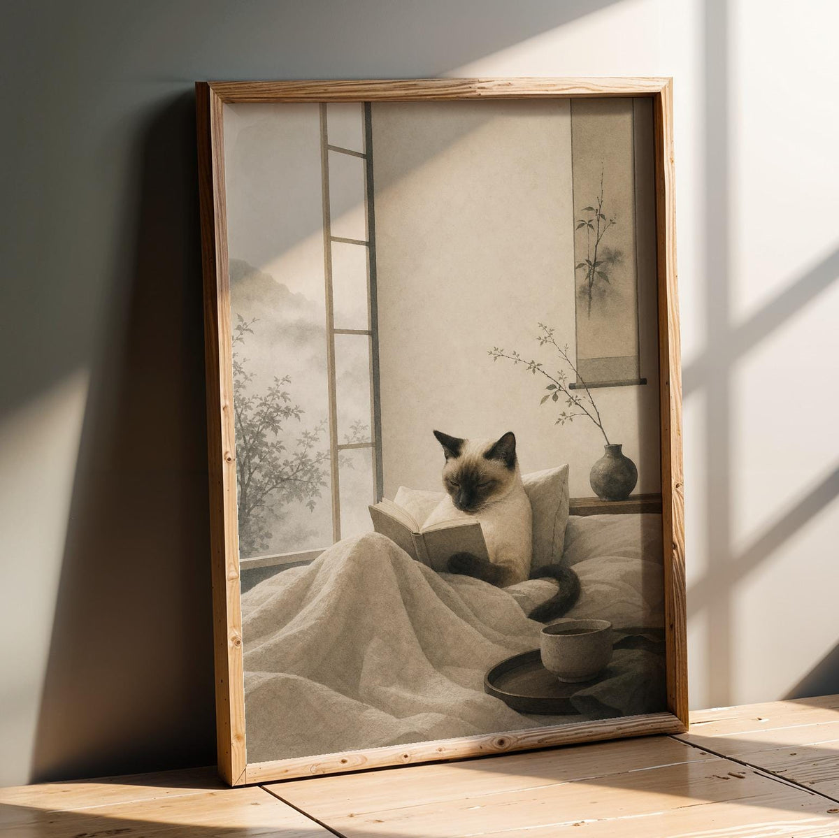Product presentation view of Siamese Cat Reading in Bed Poster.