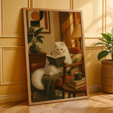 Additional product presentation of Turkish Angora Cat Reading in Armchair Poster.