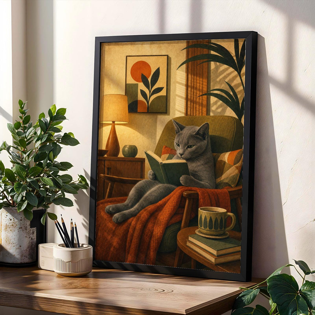 Product gallery view of Russian Blue Cat Reading Book Poster.
