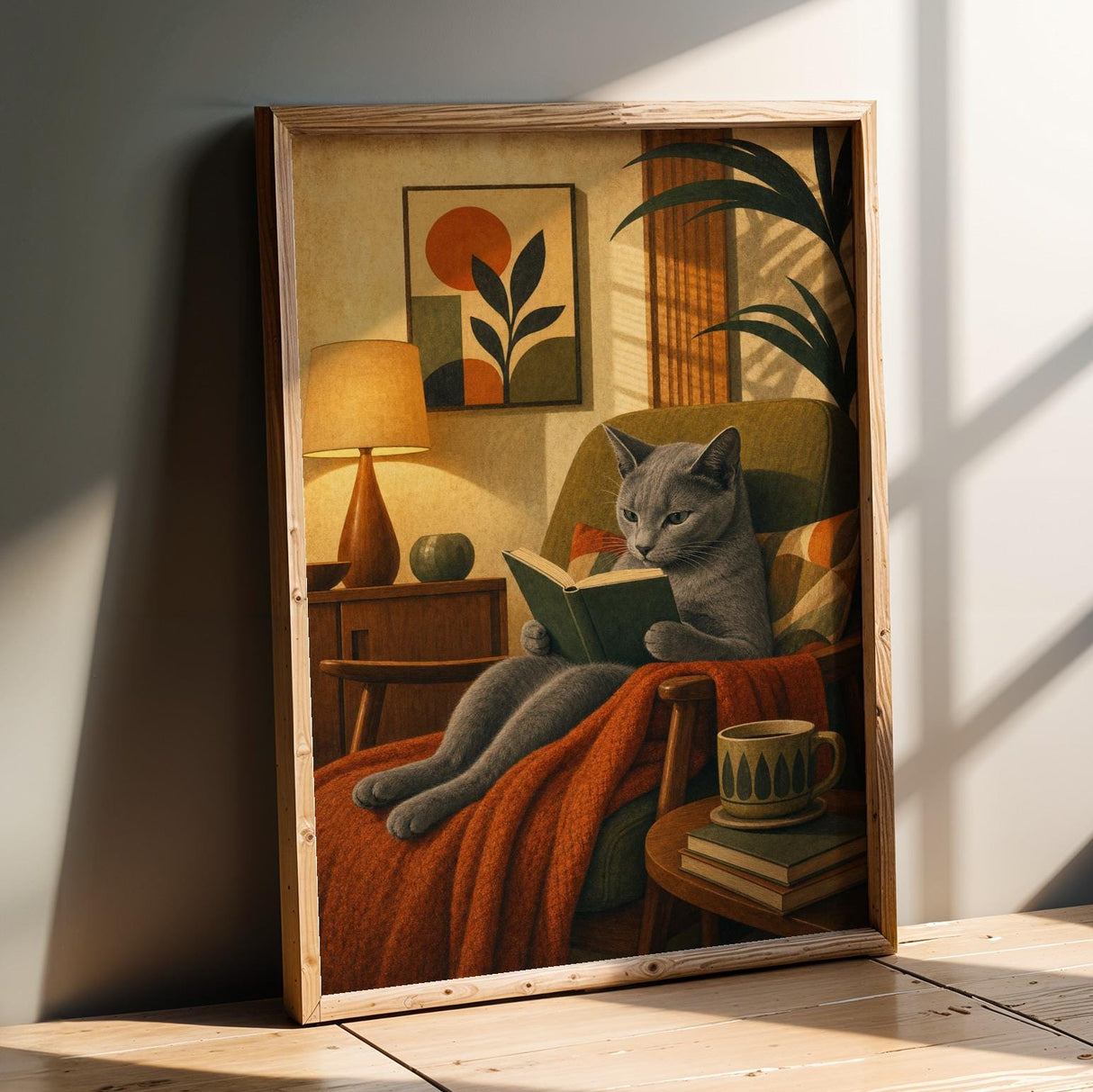 Product presentation view of Russian Blue Cat Reading Book Poster.