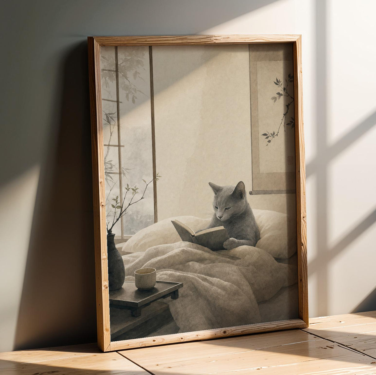 Product presentation view of Fog Gray Zen Cat Poster.