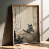 Product presentation view of Fog Gray Zen Cat Poster.