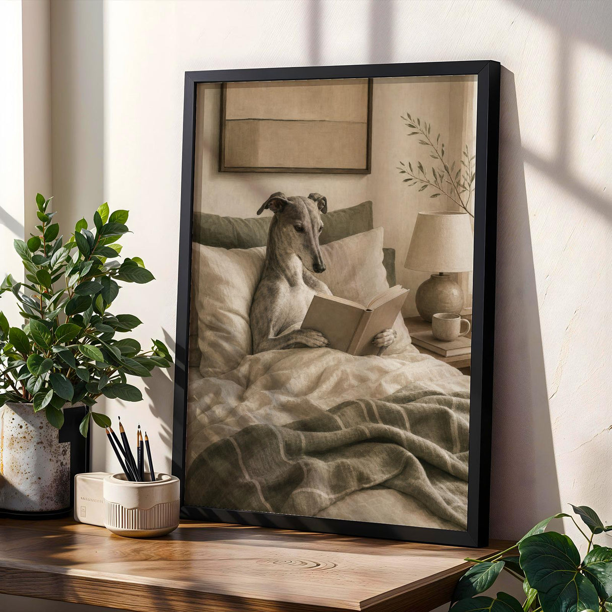 Additional product view of Greyhound Dog Reading In Bed Art Print Poster.