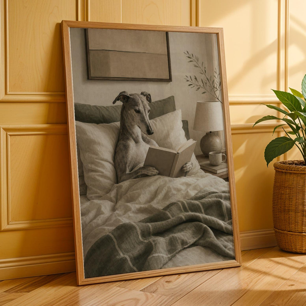 Alternate product presentation of Greyhound Dog Reading In Bed Art Print Poster.