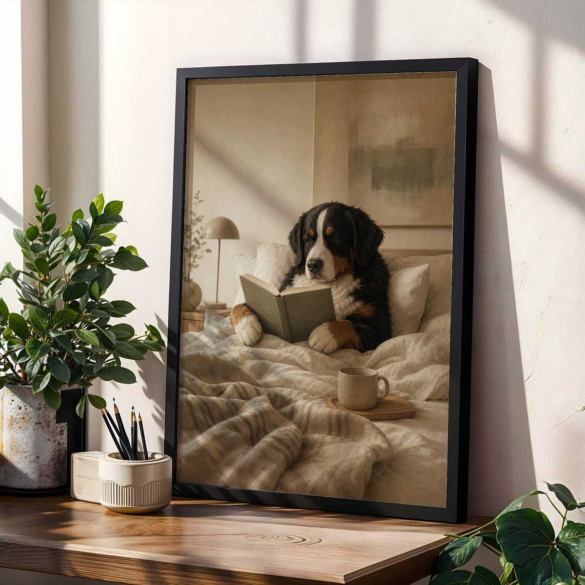 Product gallery view of Bernese Mountain Dog Reading in Bed Poster.