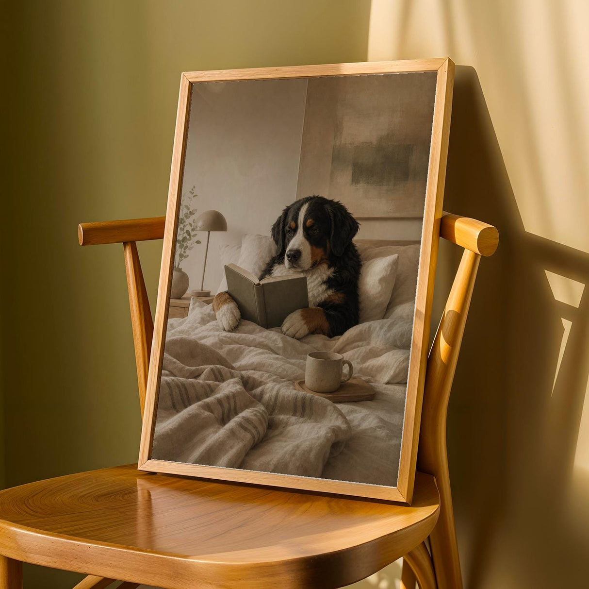 Product detail view of Bernese Mountain Dog Reading in Bed Poster.