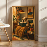 English bulldog reading a book poster in a modern mustard yellow and burnt orange design.