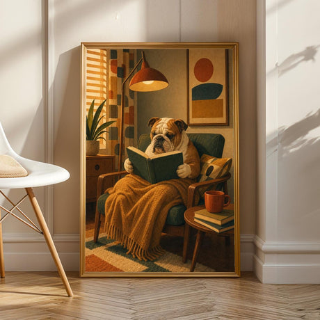 English bulldog reading a book poster in a modern mustard yellow and burnt orange design.