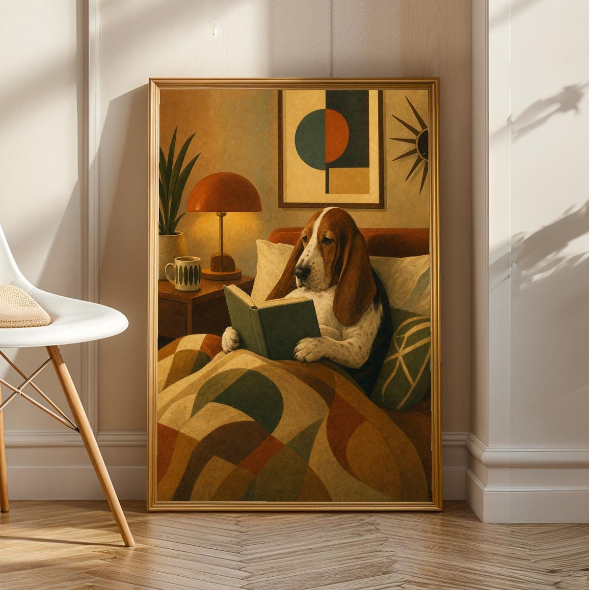 Basset hound poster with a modern orange paper print design.