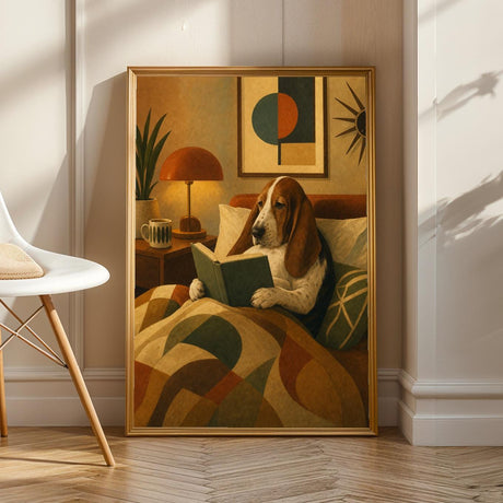 Basset hound poster with a modern orange paper print design.