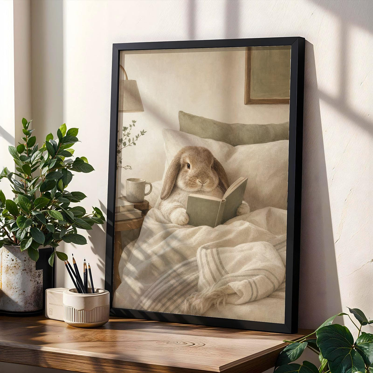 Product gallery view of Holland Lop Rabbit Reading in Bed Poster.