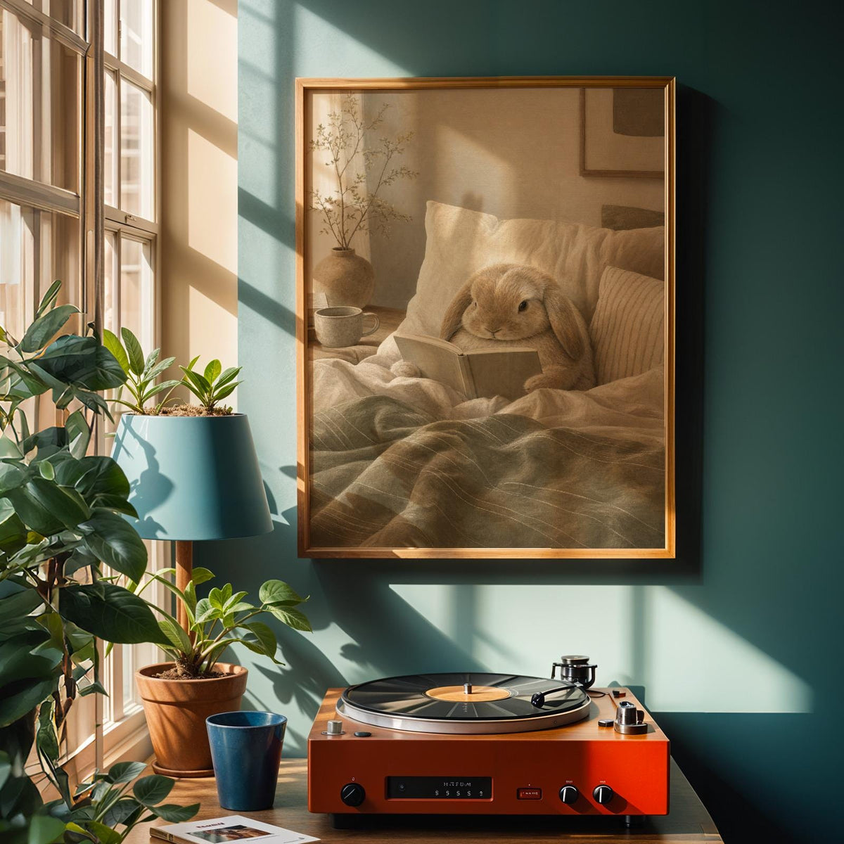 Alternate product view of Mini Lop Rabbit Reading in Bed Poster.