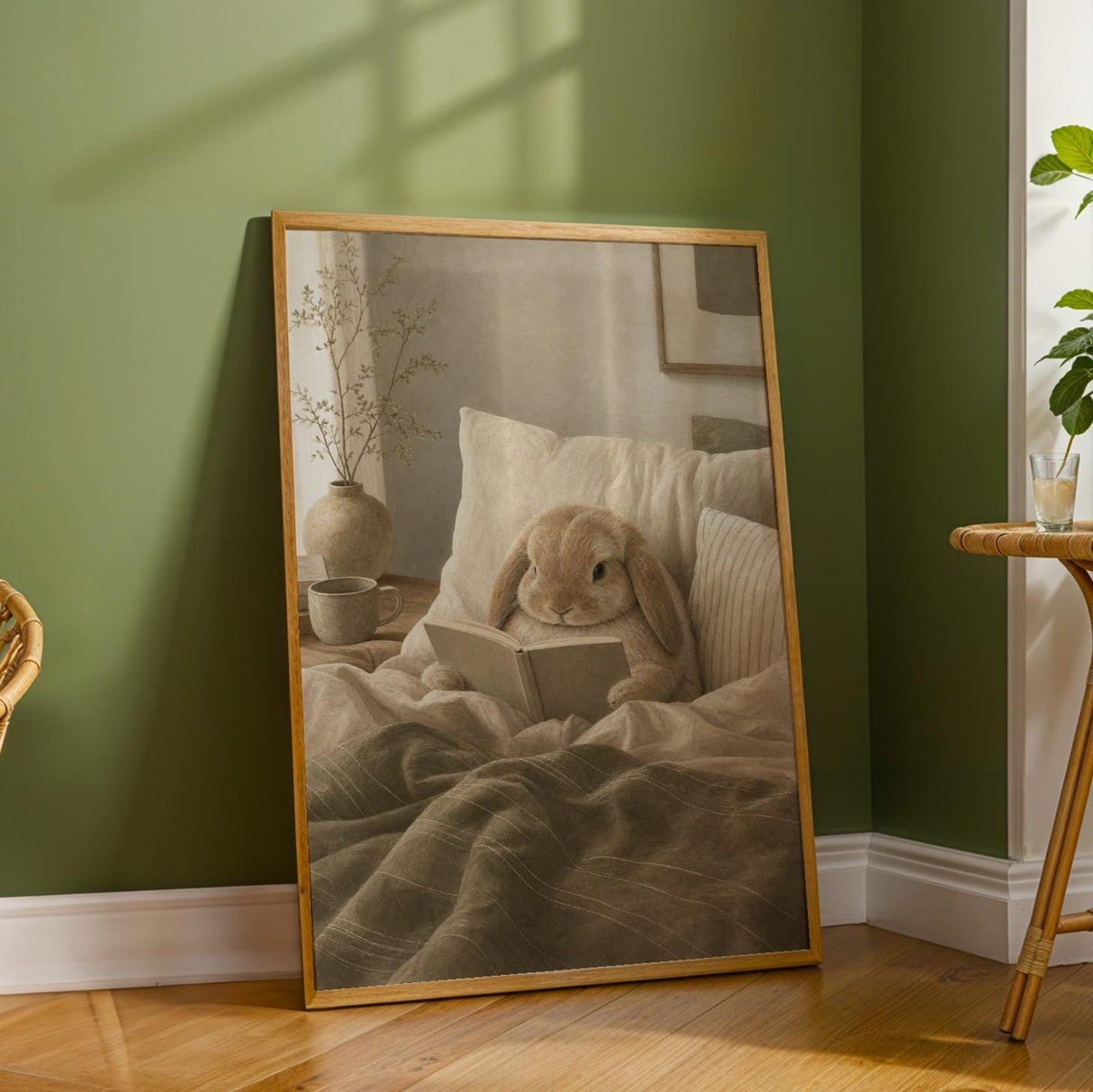 Additional product detail of Mini Lop Rabbit Reading in Bed Poster.