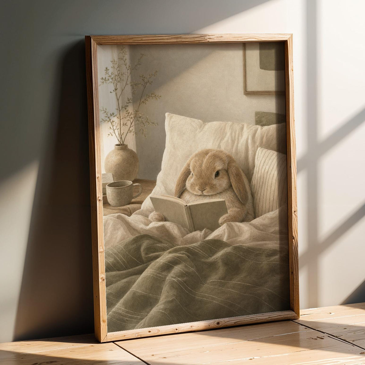 Product presentation view of Mini Lop Rabbit Reading in Bed Poster.