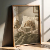 Product presentation view of Mini Lop Rabbit Reading in Bed Poster.