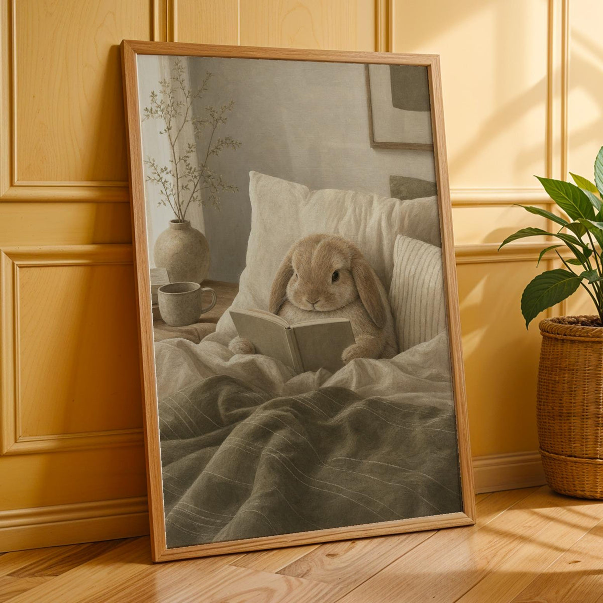 Additional product presentation of Mini Lop Rabbit Reading in Bed Poster.