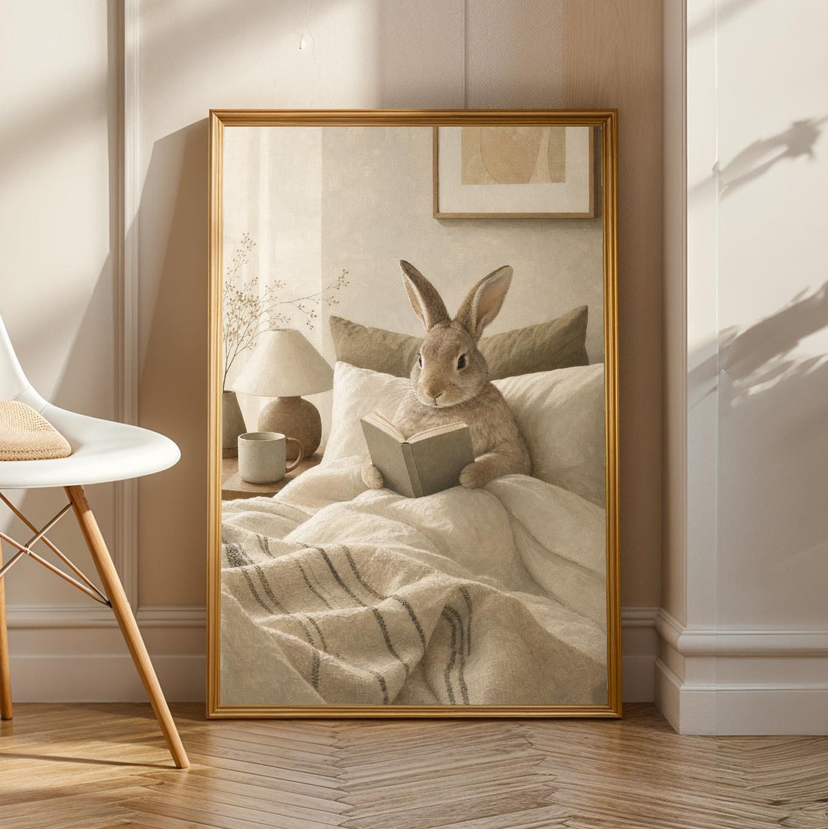 Product view of Californian Rabbit Reading in Bed Poster.