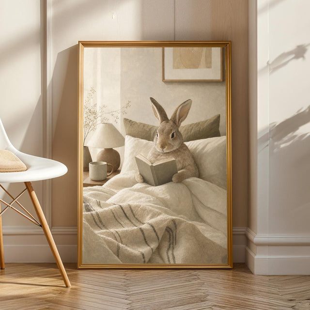 Product view of Californian Rabbit Reading in Bed Poster.