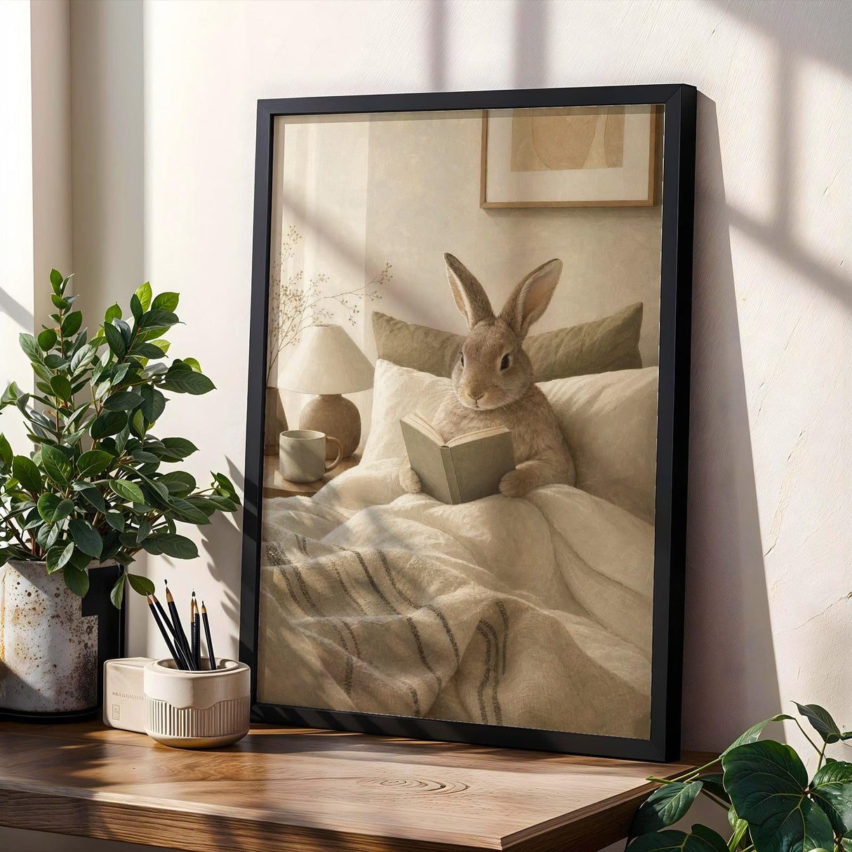Product gallery view of Californian Rabbit Reading in Bed Poster.