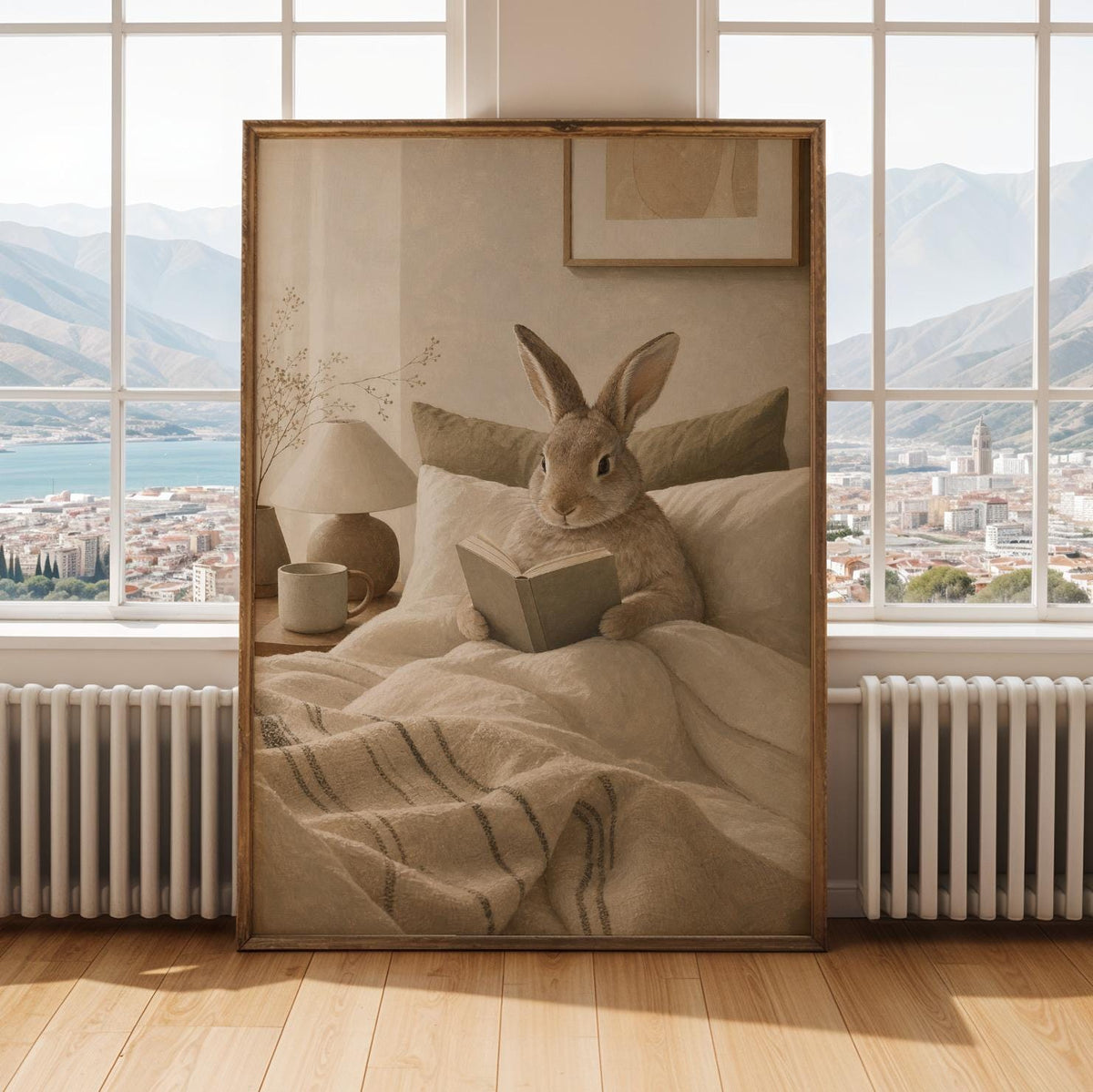 Alternate gallery view of Californian Rabbit Reading in Bed Poster.