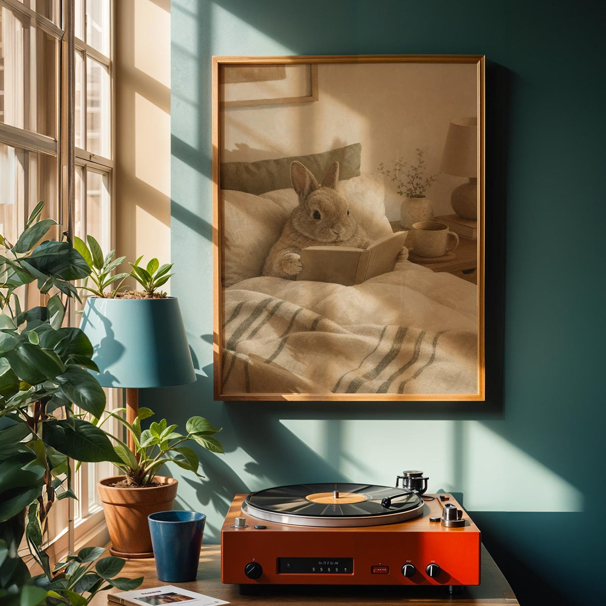 Alternate product view of Netherland Dwarf Rabbit Reading in Bed Poster.