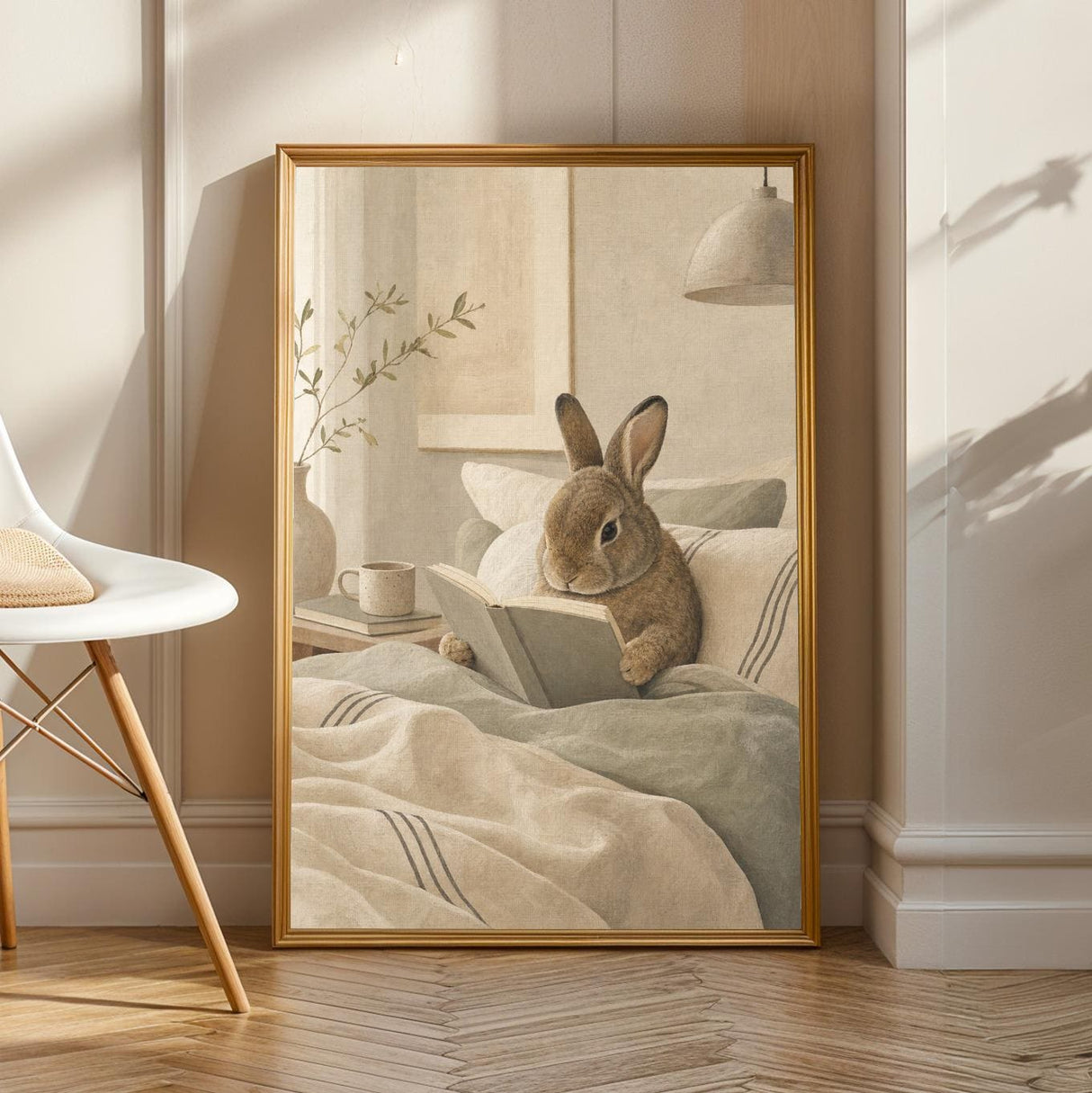 Product view of Mini Rex Rabbit Reading in Bed Poster.